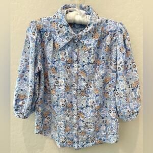 FREE PEOPLE | Happy Days Blouse Blue Floral Collared Puff Sleeve Top | XS